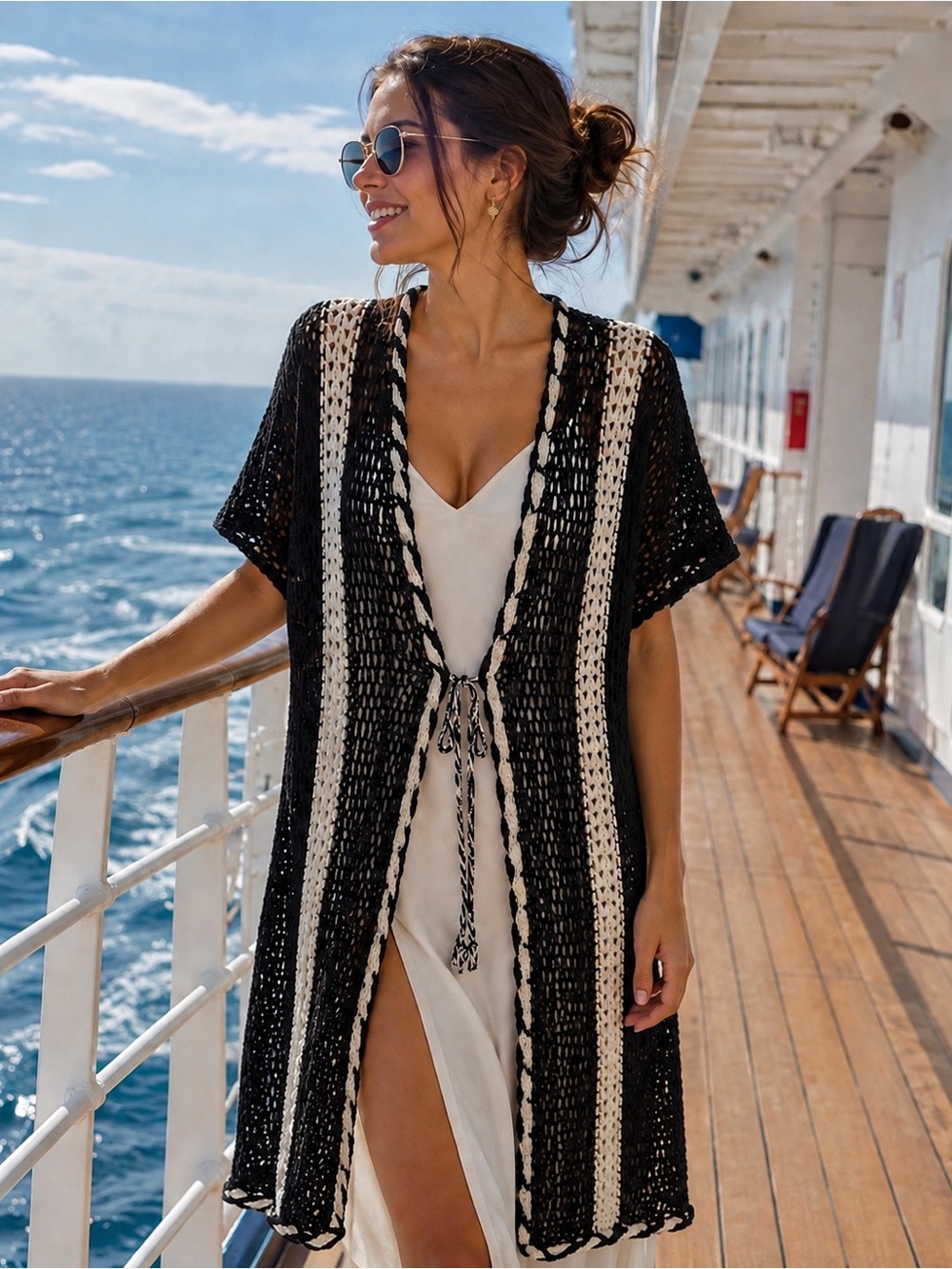 Navy Blue & Cream Crochet Swim Cover-Up Kimono